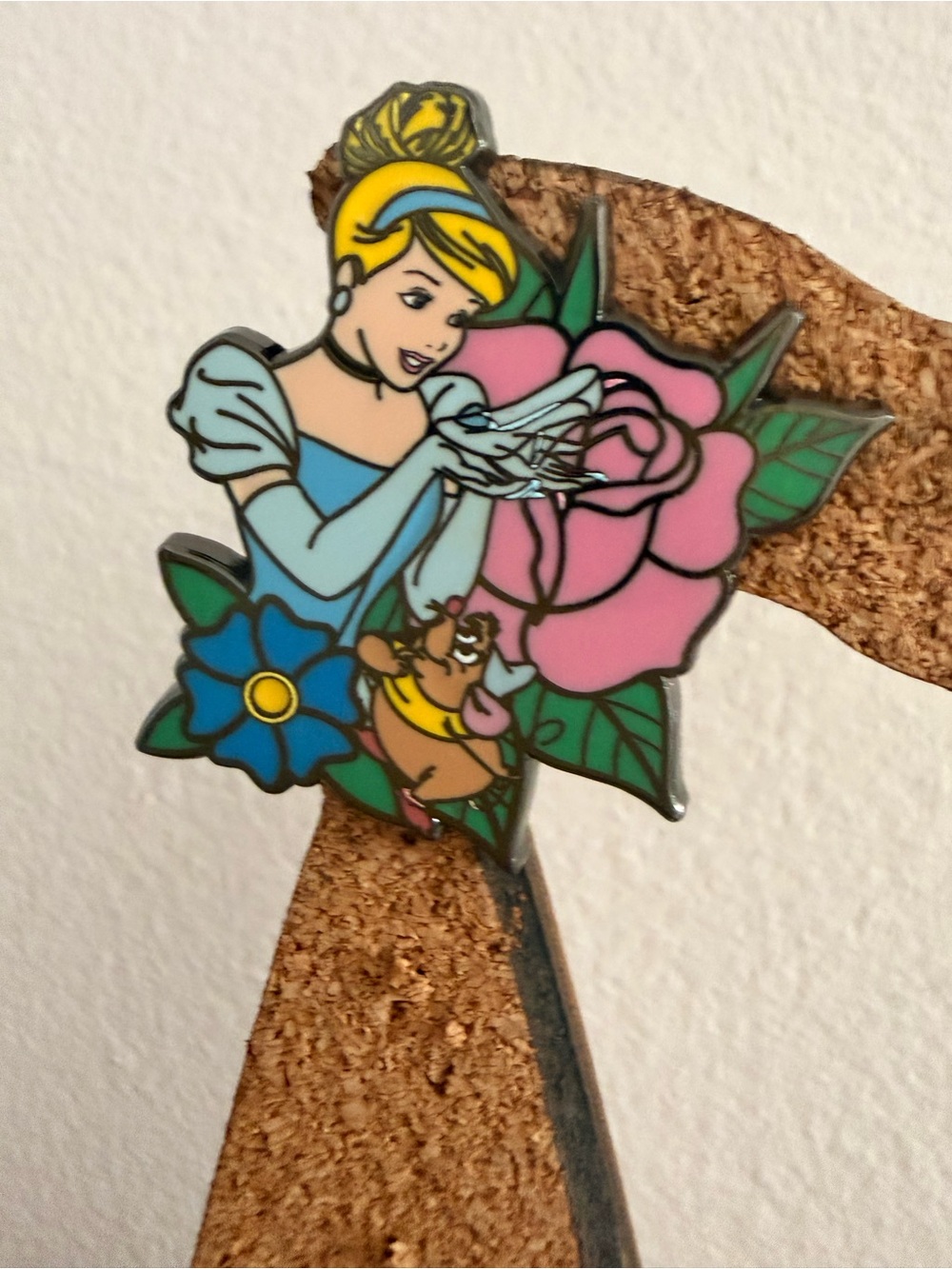Disney Cinderella Enamel Pin with Pink Rose, Blue Dress and Green Leaves